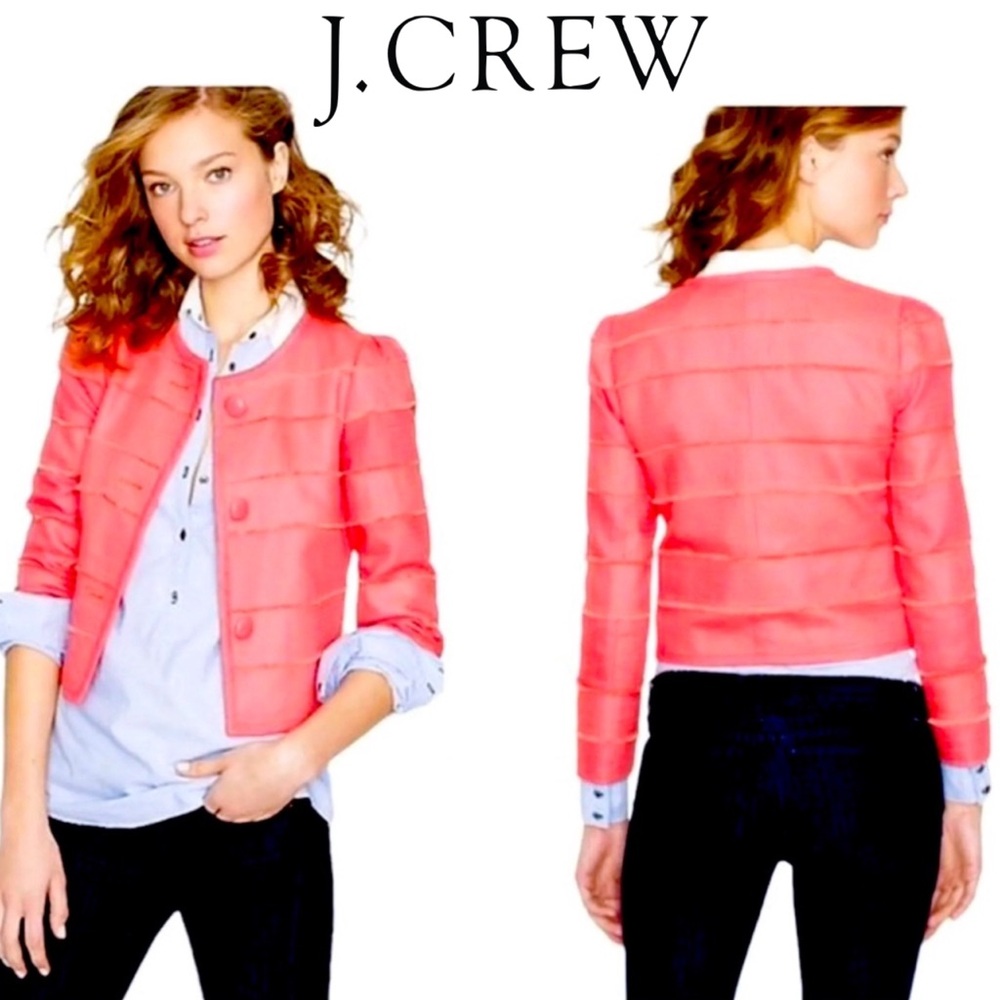 J Crew Women Coral Cropped 3/4 Sleeve Button Jacket Fringe Fully Lined 0